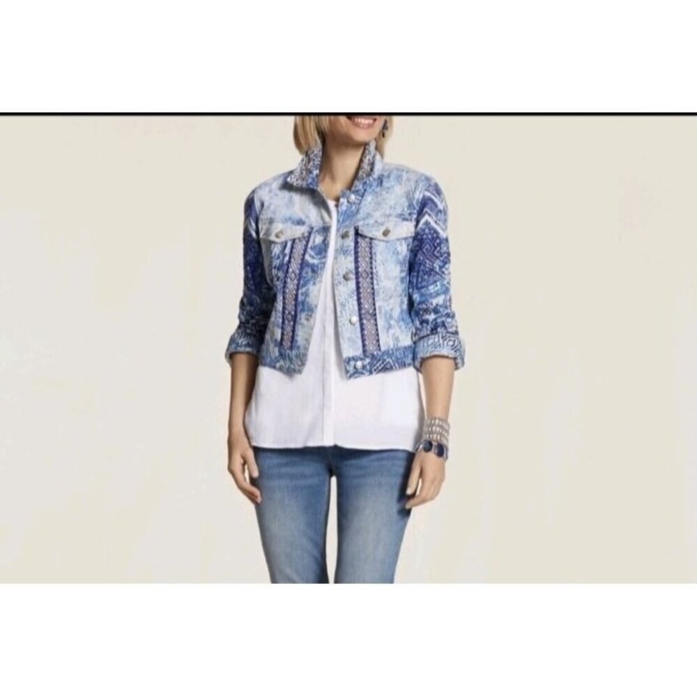 Chico’s Mixed Artisan Pattern Beaded Cropped Jean Jacket Mysterious Blue Small